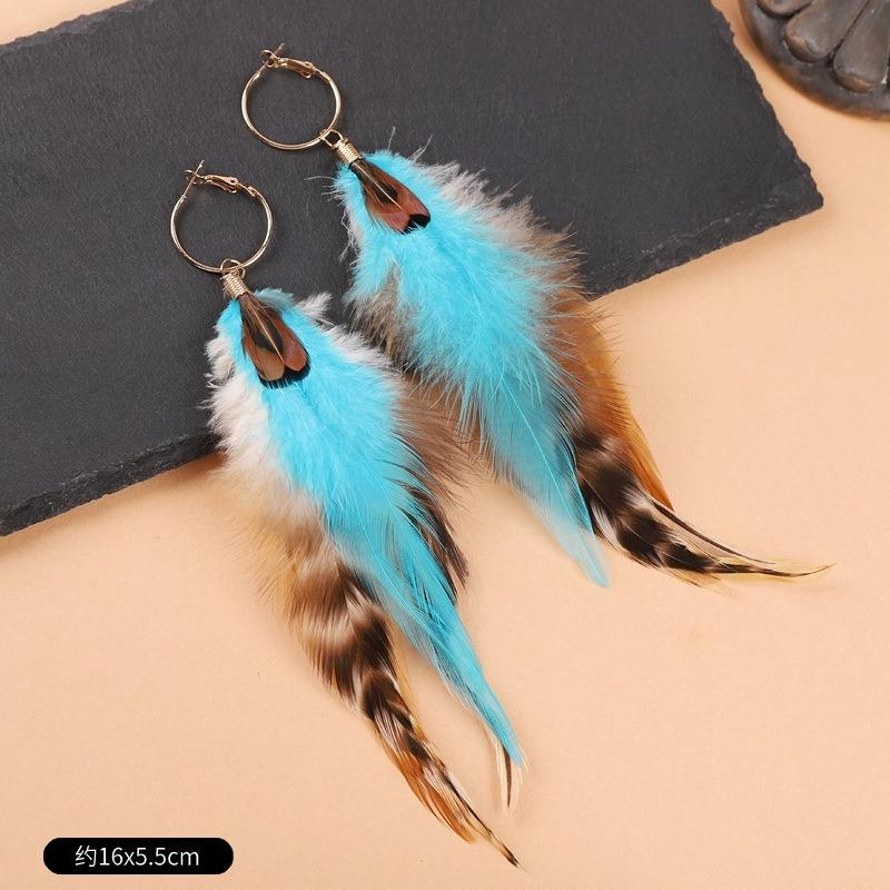 Exaggerated personality long feather earrings women's bohemian temperament retro vacation fringed earrings
