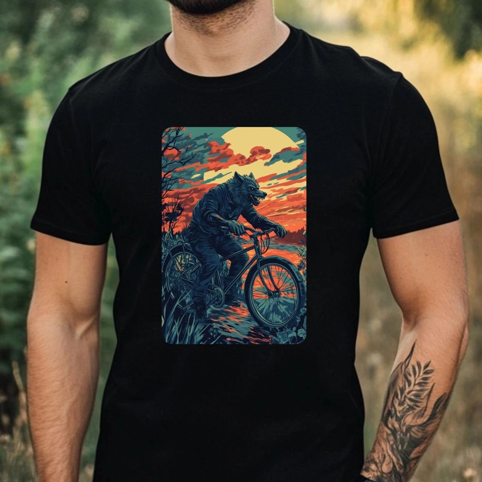 T-Shirt Herren Wolfsmann fährt Fahrrad Motiv Baumwolle Größe XS bis 5XL S