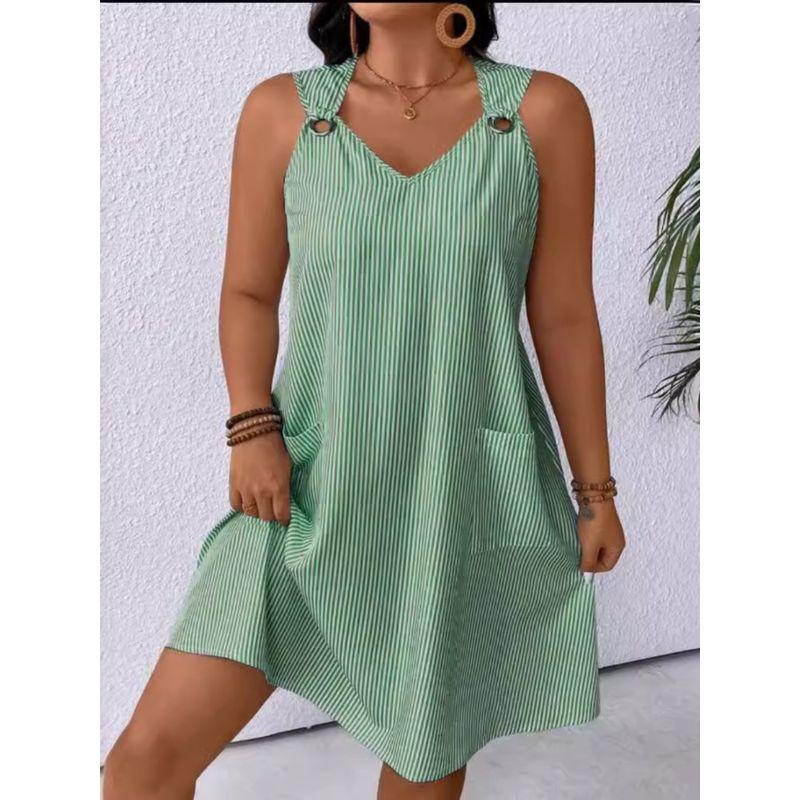 Europe and America Cross Border Export Summer Tide Casual Women's Stripes Sleeveless Sling Dress Pocket Vest Short Skirt Plus Size Loose