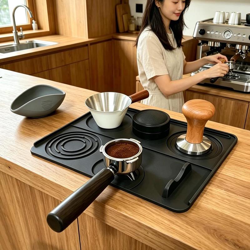 Food-Grade Silicone Coffee Machine Mat: Square Two-in-One Draining & Tamping Tray for Bar Counter.