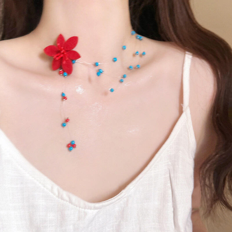 Fashion Blue Beaded Flower Necklace for Women Girls Sweet Cool Handmade Beaded Tassel Necklace Aesthetic Jewelry Gifts