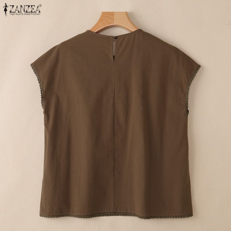 ZANZEA T-shirts Femininas Casuais de Verão de Manga Curta e Cor Sólida com Decote Redondo