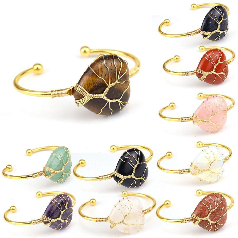 Handmade Gold Winding Natural Crystal Rough Stone Amethyst Heart-Shaped Tree Of Life Bracelet Bracelet Bracelet B24