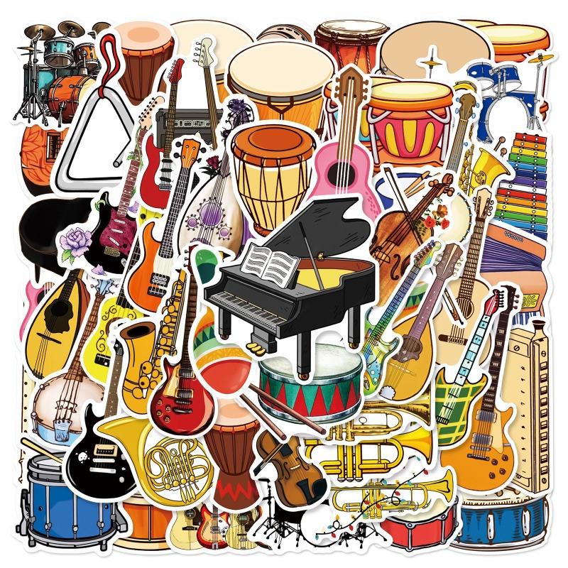 50pcs Cartoon Musical Instruments Stickers Graffiti for Phone Laptop Guitar Helmet Travel Luggage Skateboard DIY Decals