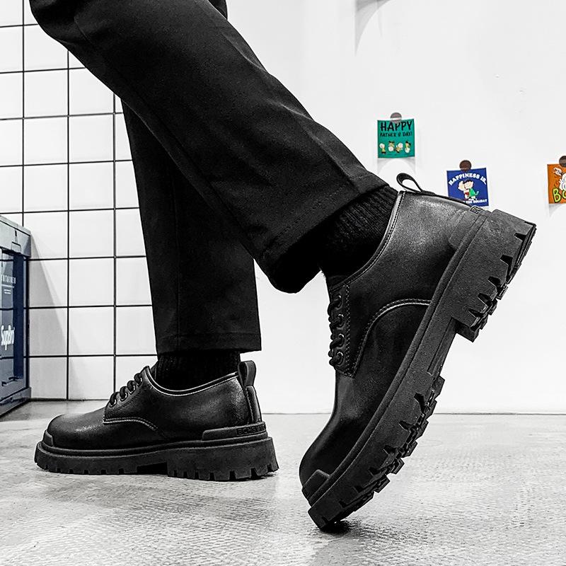 Black big head leather shoes winter business dress British style small leather shoes soft sole casual shoes autumn and winter