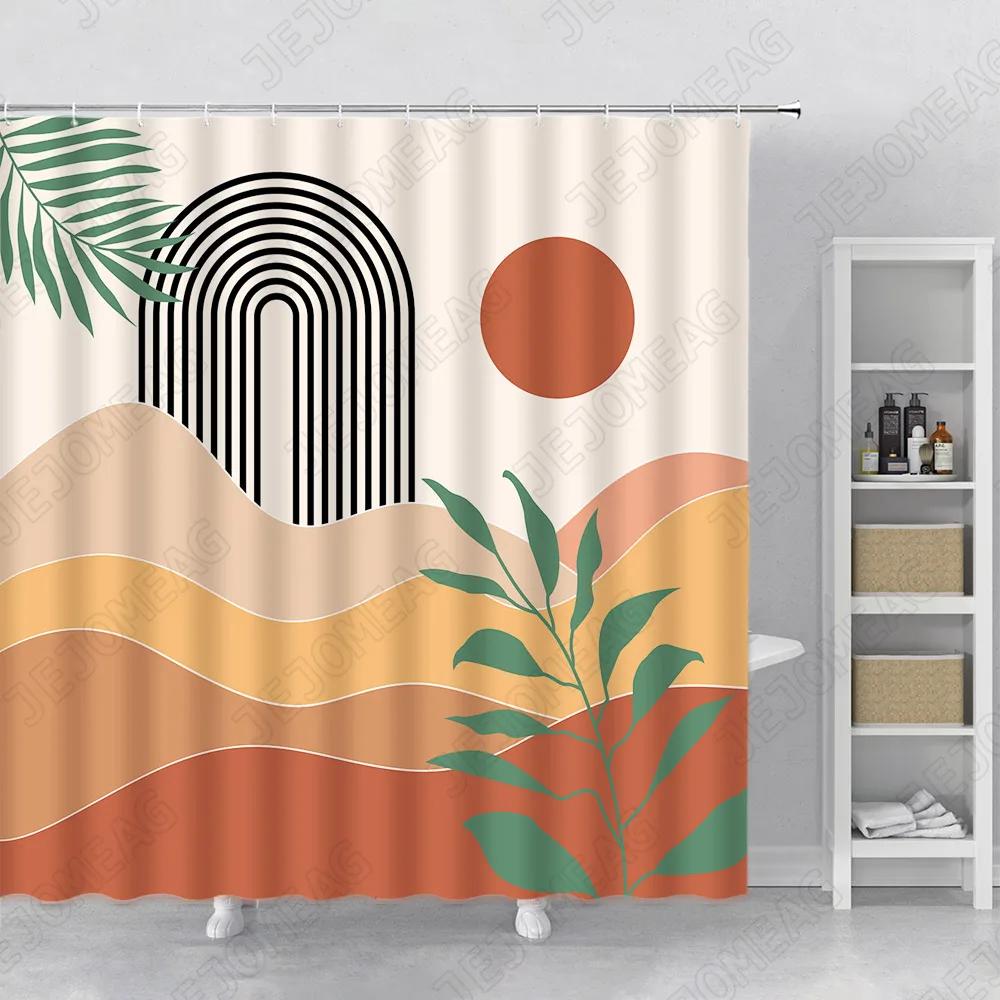 Abstract Geometric Shower Curtain Creative Line Graphics Red Lattice Fabric Printing Bathroom Accessories Bathroom Curtains Set