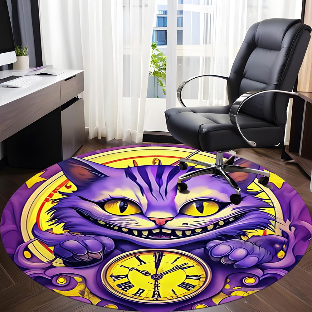 1pc Cat Clock Office Round Area Rug, Mat Suitable For Office, Under Office Chairs Bedroom Living Room Home Decor, Room Deco