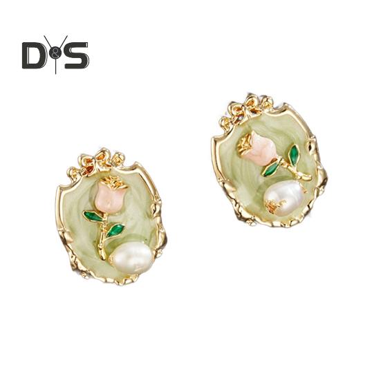 

Серьги-тюльпаны для женщин, эмалевые цветочные серьги-гвоздики с искусственным жемчугом, ювелирные изделия, подарки на свадьбу, помолвку зелёный