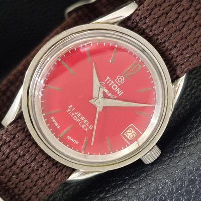 VINTAGE TITONI AIRMASTER TITOFLEX HANDAUFZUG SCHWEIZER HERREN ROTES UHRENmodell a703243-1