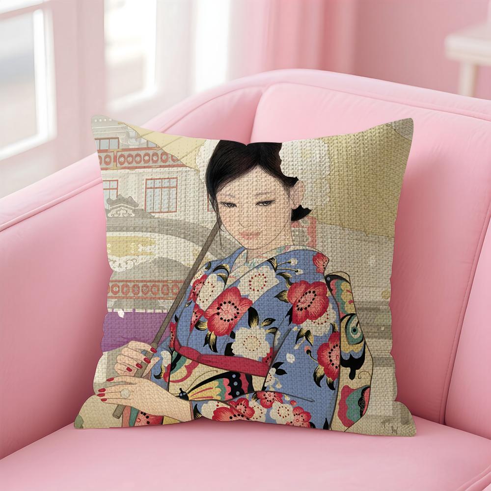 Kimono Girl Japanese Style Cushion Cover Natural Linen Pillow Case DoubleSided Print Decorative Sofa Pillowcase Home Decor Gift
