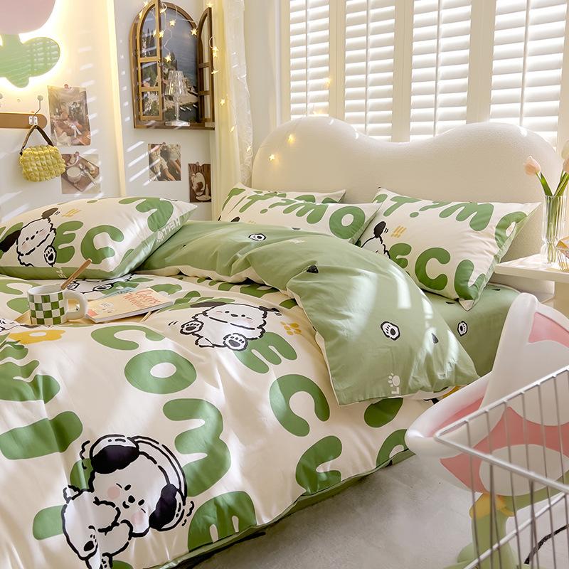Set drăguț din patru piese din bumbac pur, set din trei piese, cearșaf de pat și cuvertură din bumbac, husă de pilota cu desene animate