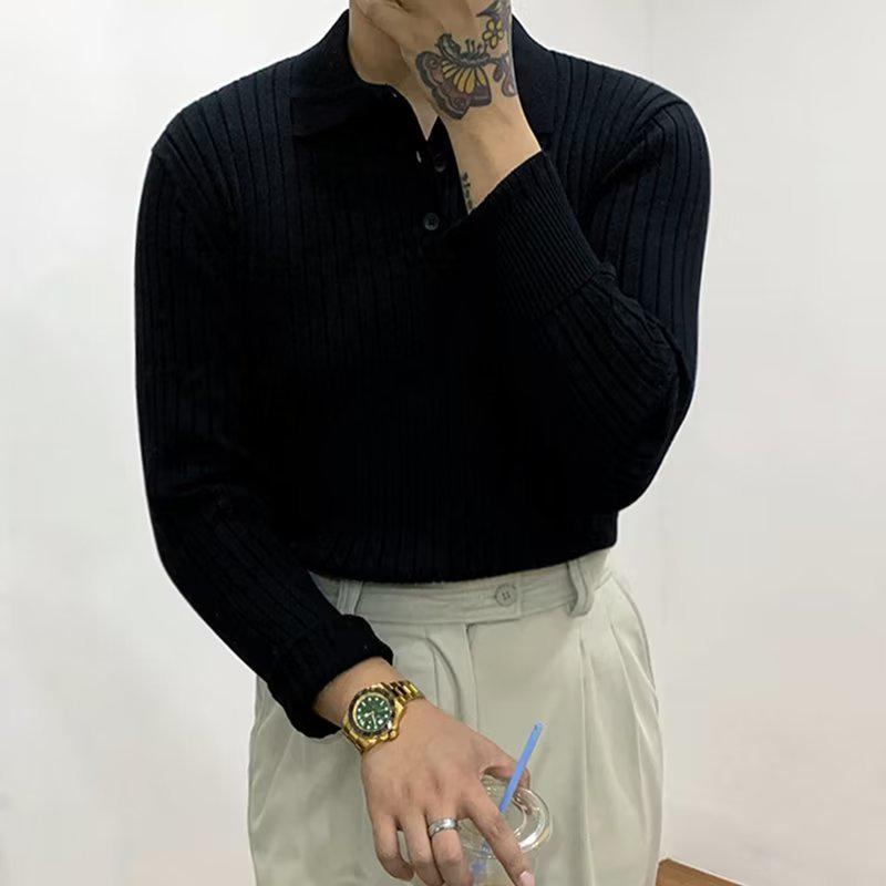 Korean Style Slim Fit Men's Polo Sweater - Simple Elegant Retro Fashion