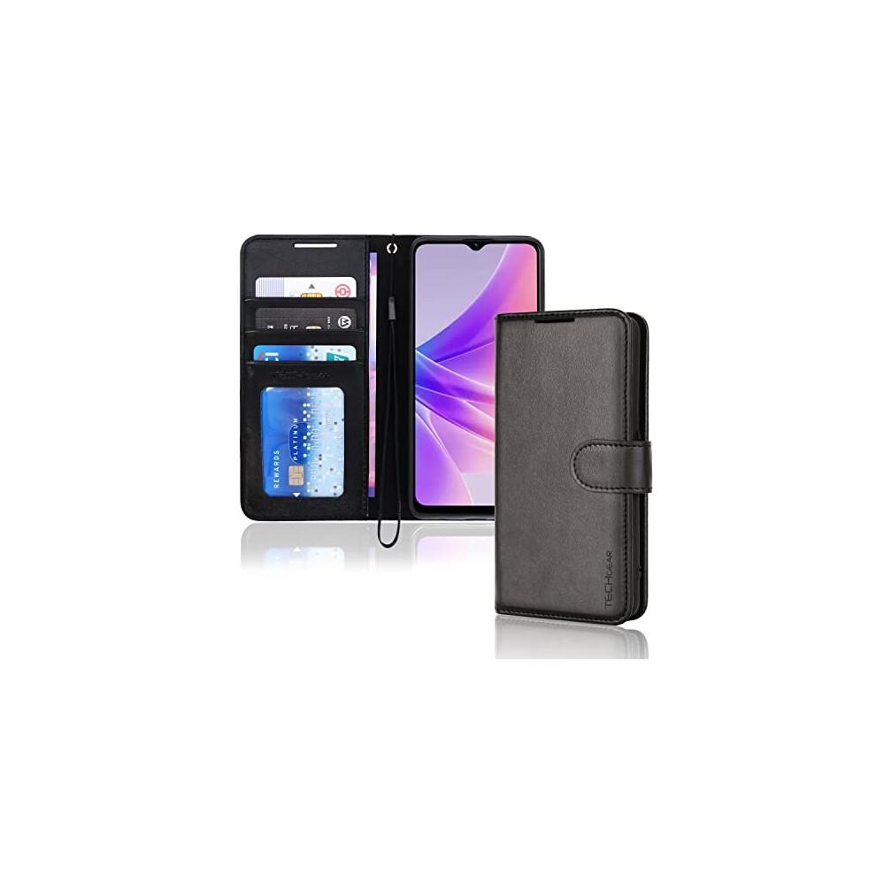 (Schwarz) TECHGEAR Leder Wallet Case für Oppo A57e / A57s / A57 4G, Flip Schutzhülle Cover mit Kartenhalter, Ständer & Handgelenksschlaufe