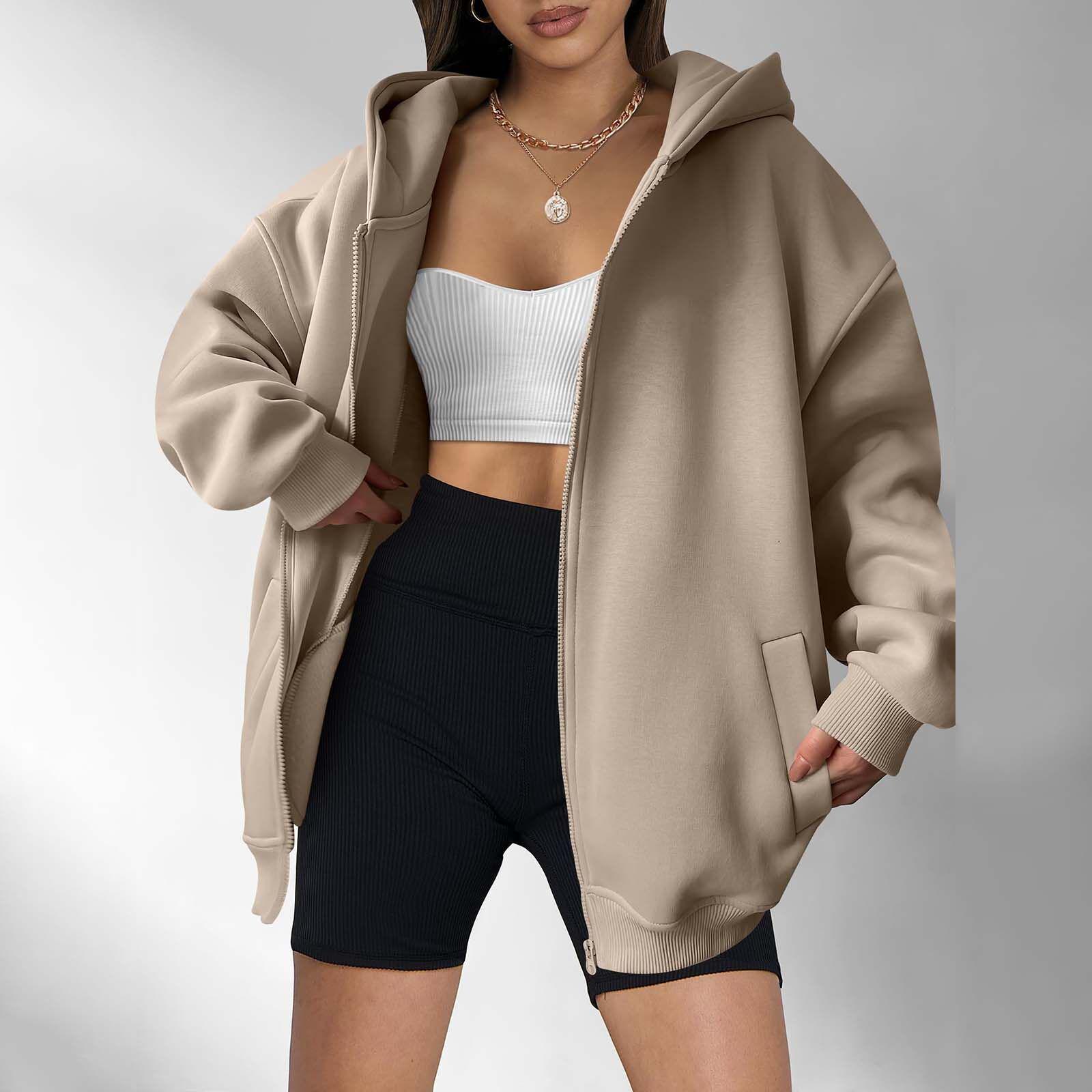 

2024 Женское худи оверсайз на молнии с карманами – Европейская и американская повседневная осенняя толстовка S хаки