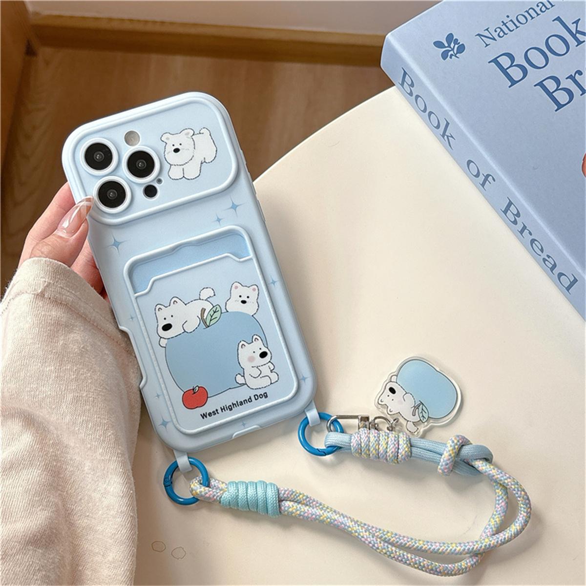 

Funny Cartoon Puppy Phone Case For iPhone 16 Pro Max 14 15 Promax Cover with Card Holder Lanyard Rope Strap Cute Cases Capa For iPhone 16ProMax