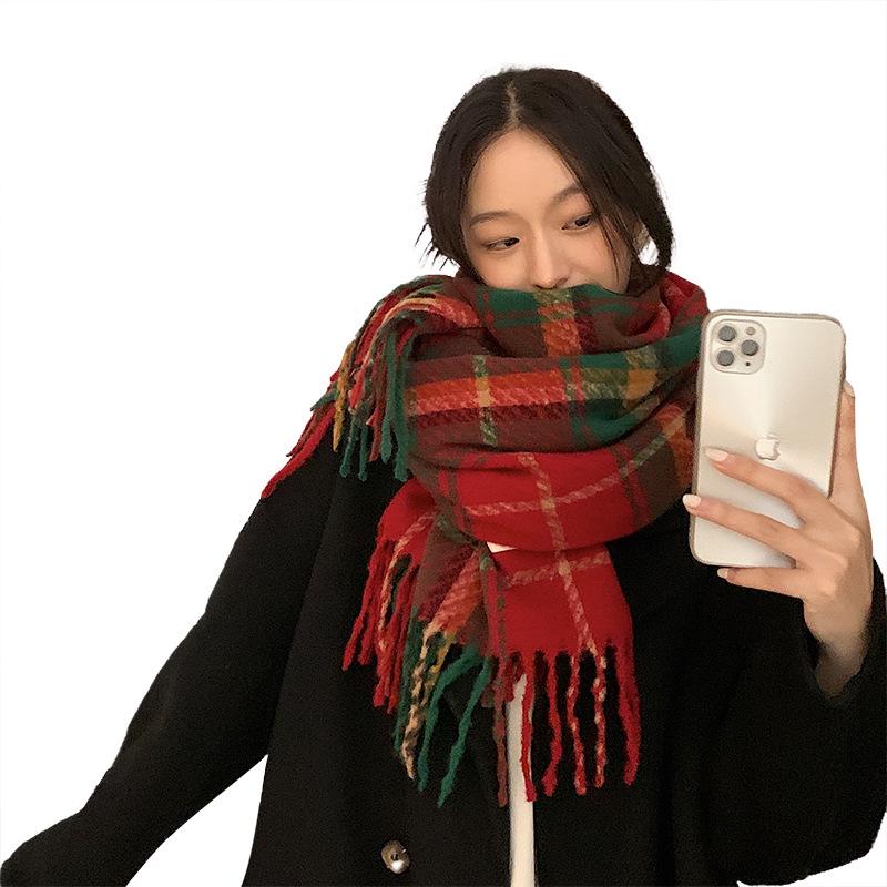 Korean Style Christmas Plaid Thickened Warm Long Scarf and Shawl