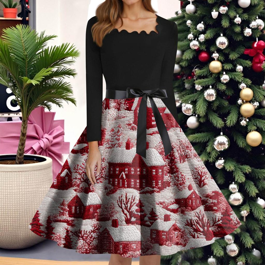 Damemote Rundhals Uformell Slim Juletrykt Langermet Kjoler