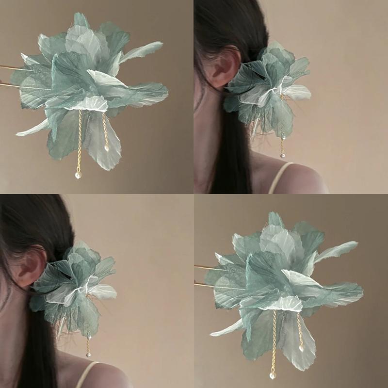 Korean Antique Chiffon Flower Pearl Tassel Hair Stick U-Shaped Hair Clip Temperament Chinese Style Hairpin For Women Headwear