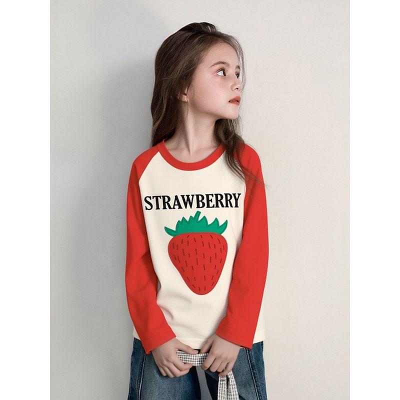 Girls' New Spring Korean-Style Brand Foreign Trade Children's Clothing, Children's Patchwork Strawberry Pure Cotton Long-Sleeve T-Shirt Baby Clothes