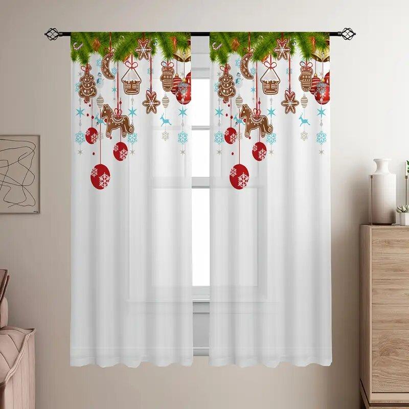 2 Stück - Weihnachtsdekorationen, Weihnachtsbäume, Weihnachtsschneeflocken-Druckvorhänge, Stangentaschenvorhänge, Heimdekoration,