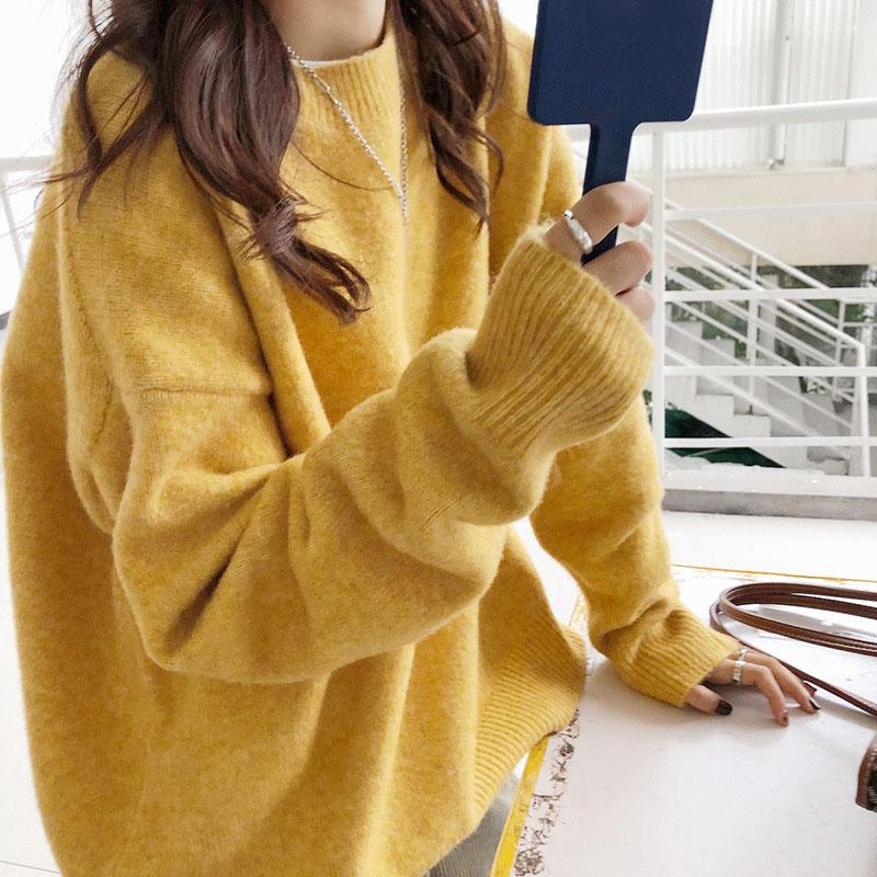 Women Autumn Winter High Neck Long Sleeve Solid Color Sweater for Ladies Loose Fashion Knitted Tops
