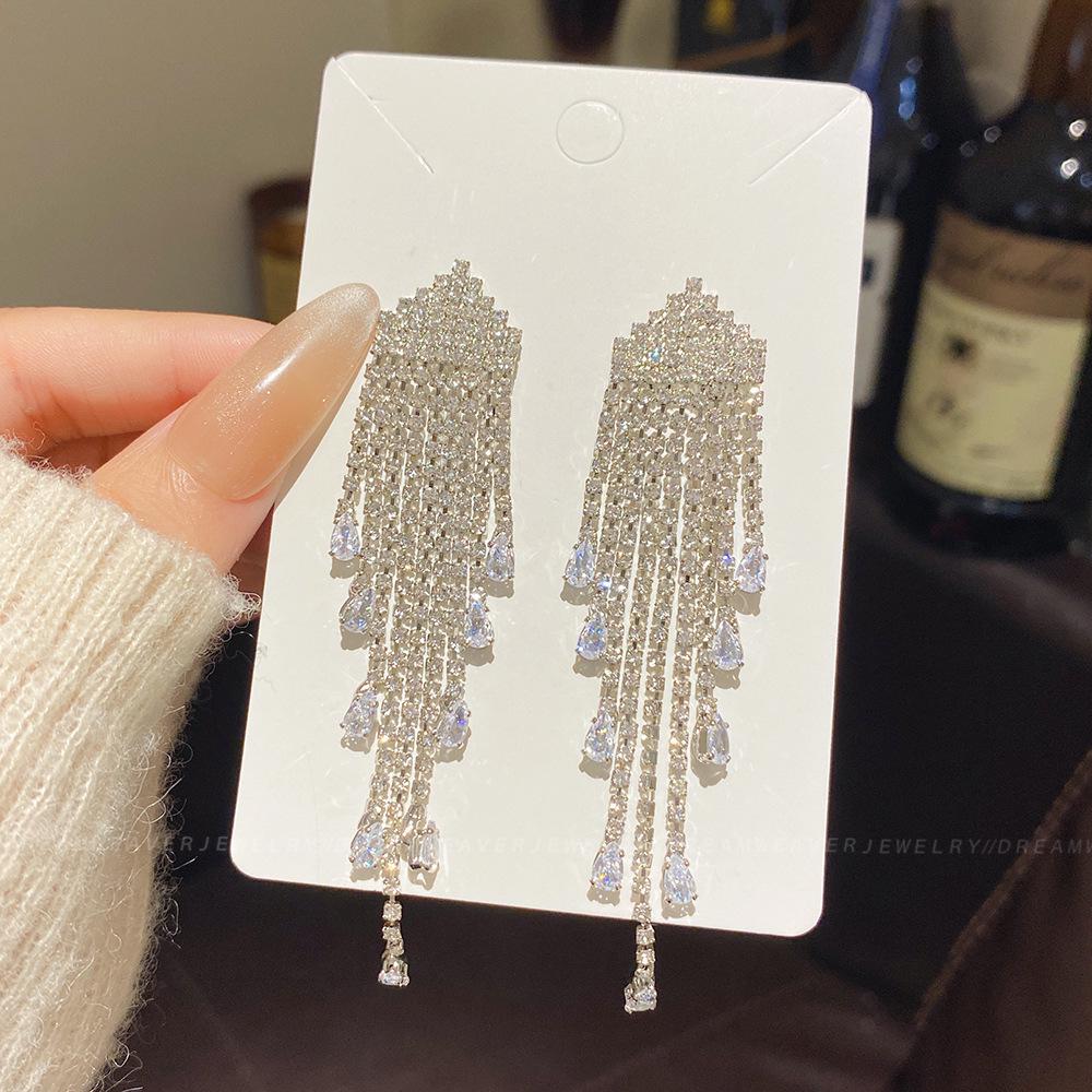 925 Sterling Silver Full Diamond Tassel Earrings – High-End European & American Style, Super Shiny, Luxurious Ear Jewelry for Women.
