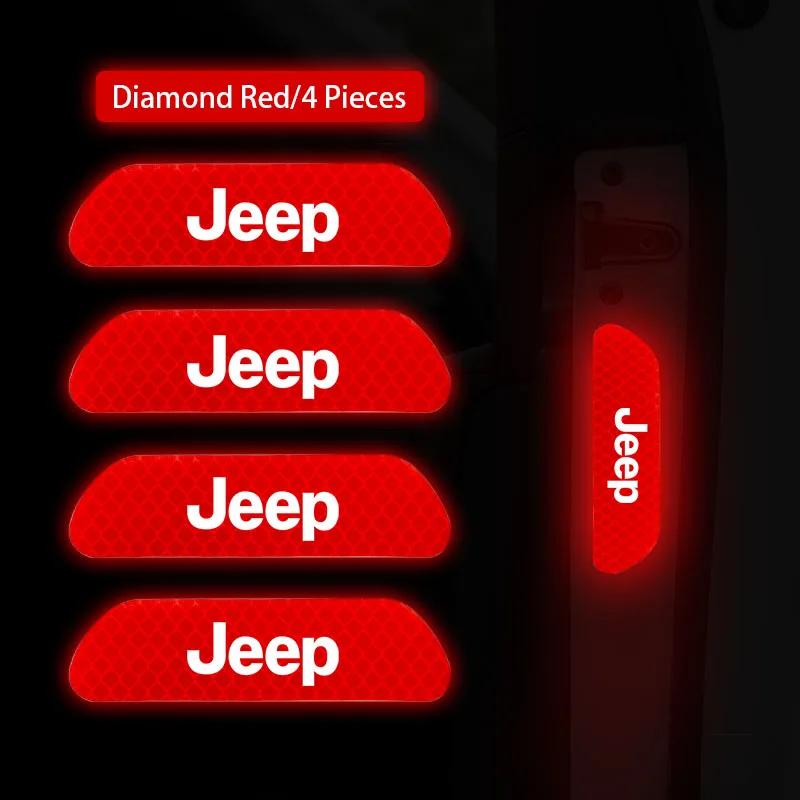 For Jeep 4PCS Reflective Car Door Sticker Safety Warning Reflector Mark For Jeep Grand Cherokee Wrangler JK Gladiator Compass
