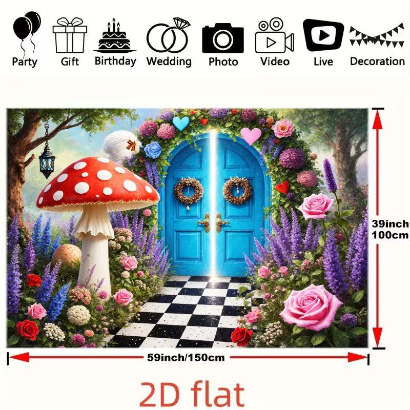 2D Whimsical Wonderland Background, Magical Blue Door & Flower Garden Backdrop
