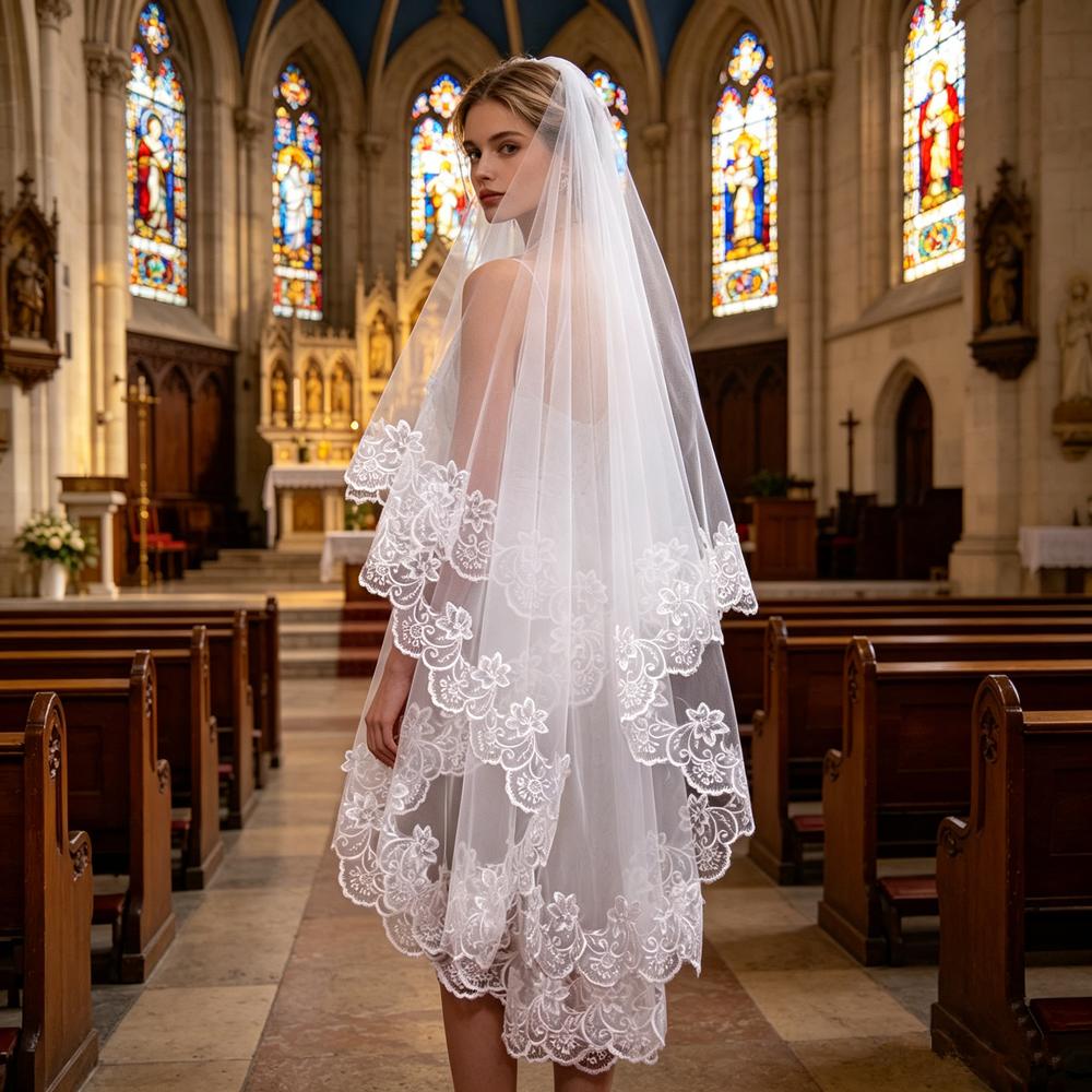 Long White Wedding Veil Elegant Floral Lace Edge Bridal Veils White Wedding Veil Bridal Hair Accessory for Bride Wedding Party