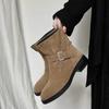 Korean Version of Maillard Leather Matte Round Head Thick Heel Wide Tube Belt Buckle Martin Boots Women's Autumn and Winter Cowboy Boots Short Boots