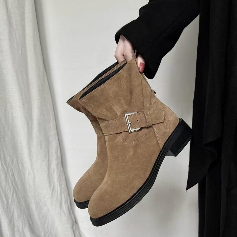 Korean Version of Maillard Leather Matte Round Head Thick Heel Wide Tube Belt Buckle Martin Boots Women's Autumn and Winter Cowboy Boots Short Boots
