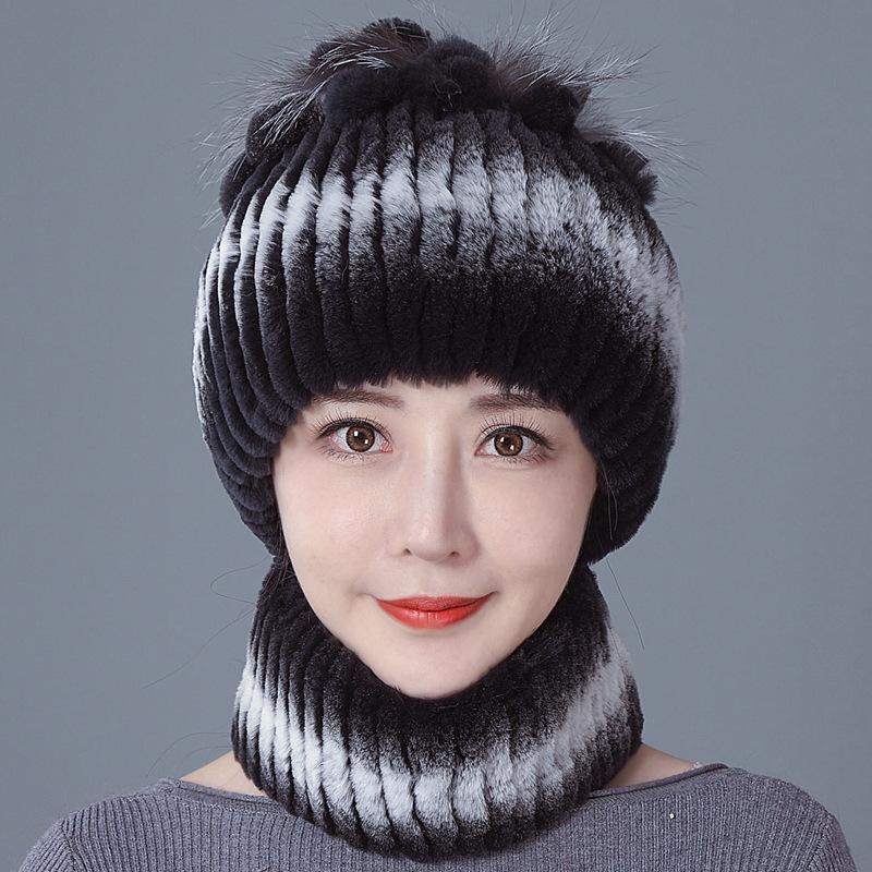 New Rex rabbit fur wool hat women's autumn and winter warm scarf fashion thickened ear protection flower suit tide