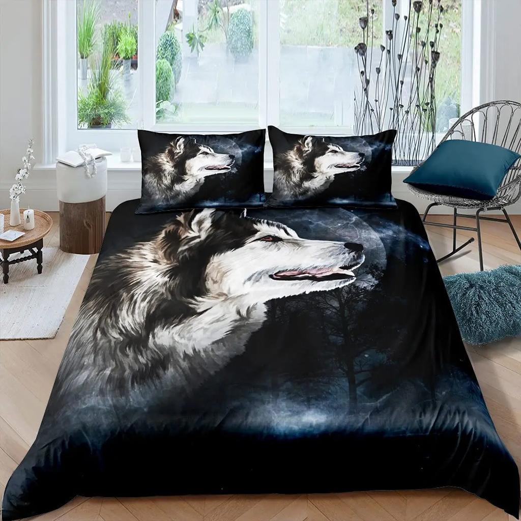 Black Wolf Moon Duvet Cover Set Wolf Howling Bedding Sets for Boys Vintage Oil Paint Wild Animal Bed Sets Purple Blue and Black