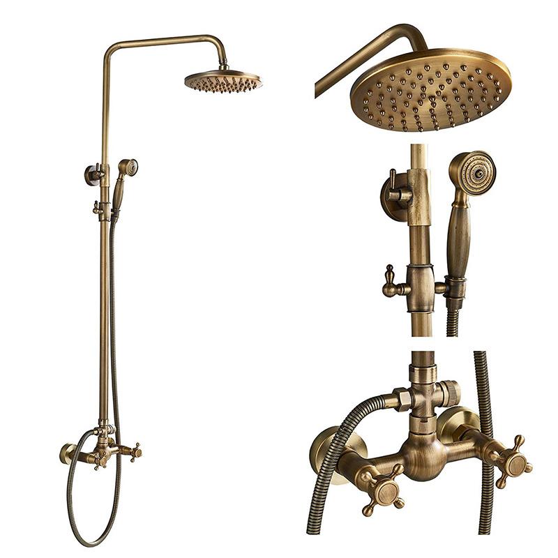 Antique Brass Shower Faucet Mixers Dual Handle Rainfall 8" Brass Shower Head with Bath Storage Shelf and Hooks Shower Water Tap