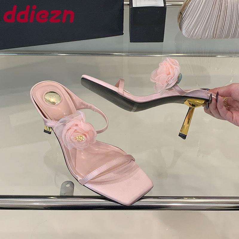 Fashion Silk Fashion Flower Women 7cm Heels Sandals Shoes Slides Summer Female Square Toe Footwear Metal Heels Ladies Sandals Shoes