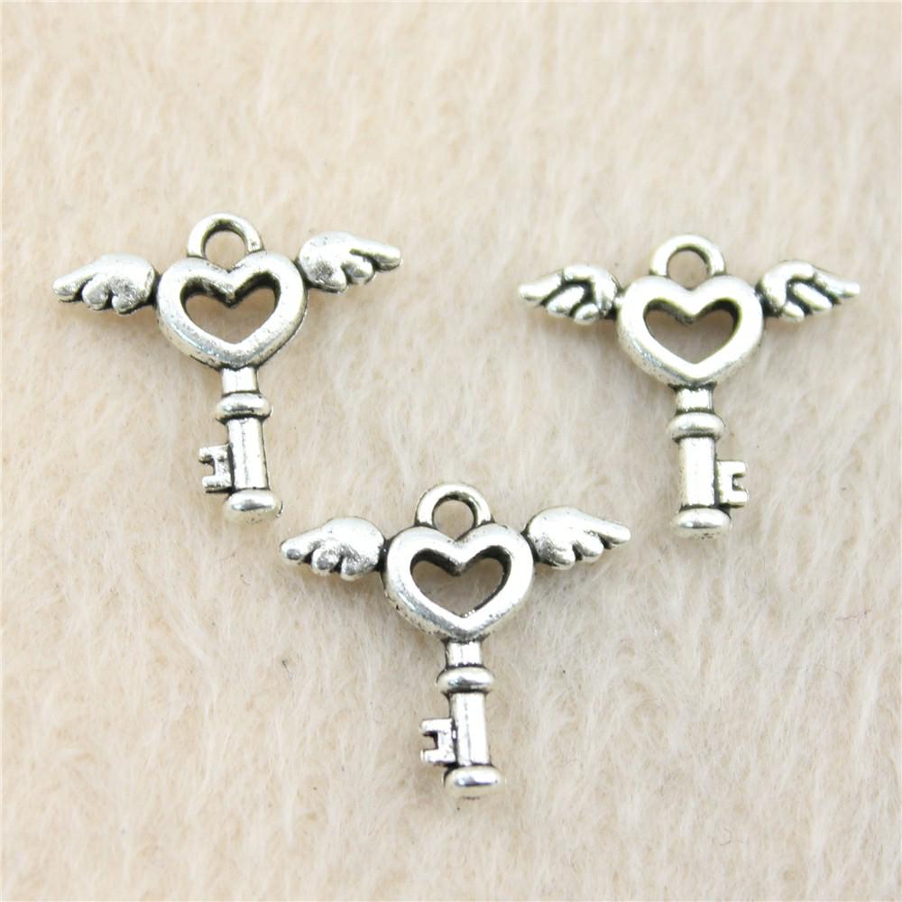 30 Pieces Charms For Jewelry Making Wing Heart Key 15x14mm DIY Fashion Jewelry Craft Supplies B13059