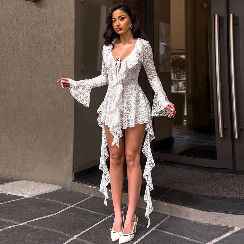 Women S Sexy Lace Deep V Neck Ruffle Slimming Evening Dress