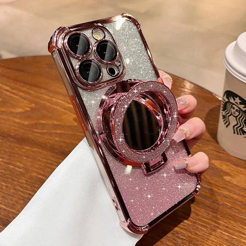 Plating Airbag Glitter Bracket Magsafe Case for iPhone 17 Air 16 15 11 12 13 14 Pro Max Luxury Mirror Cover