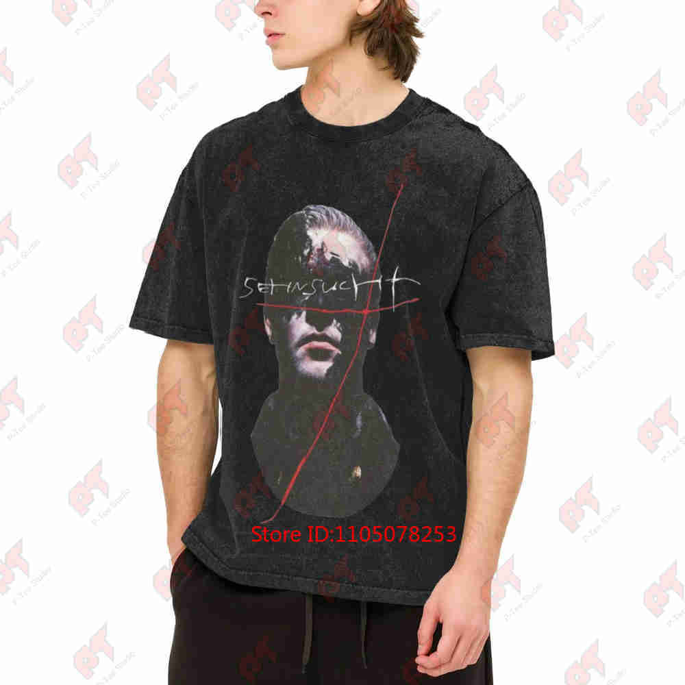 Sehnsucht Face Portrait Red Line Text Vintage Washed Tee Pure Cotton T-Shirt