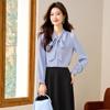Women's Long Sleeve Blue Bow Chiffon Blouse - Professional French Workwear