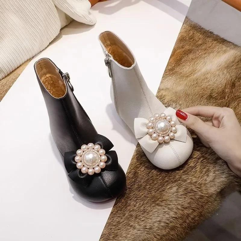 2024 New Girls Boots Bow with Flowers Chic Children Fashion Princess Short Boots for Party Wedding Shows Drop Shipping Simple