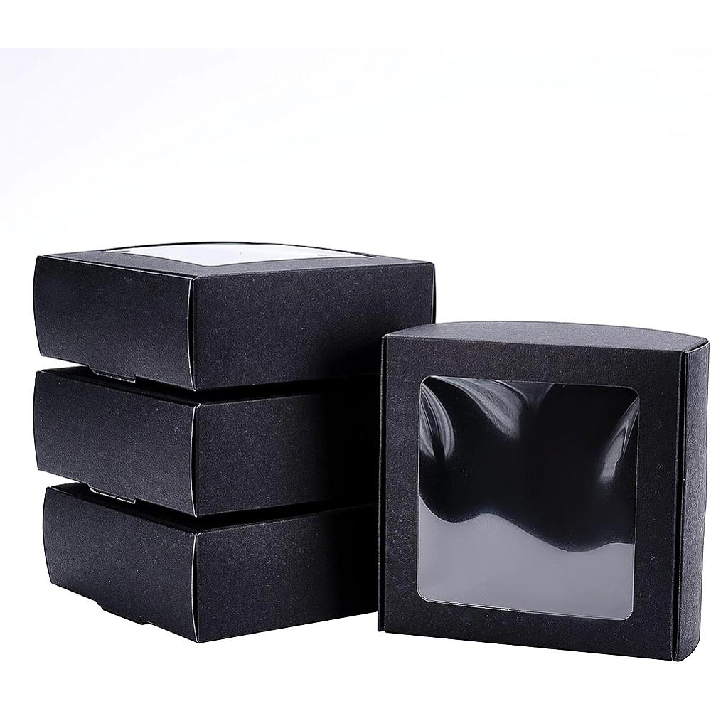 20pcs Paper Candy Boxes Bakery Box with PVC Clear Window for Party Wedding Baby Shower Square Black 9.5x9.5x3.5cm