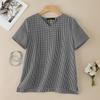 Women Casual V-Neck Grid Print Loose Short Sleeve Blouse