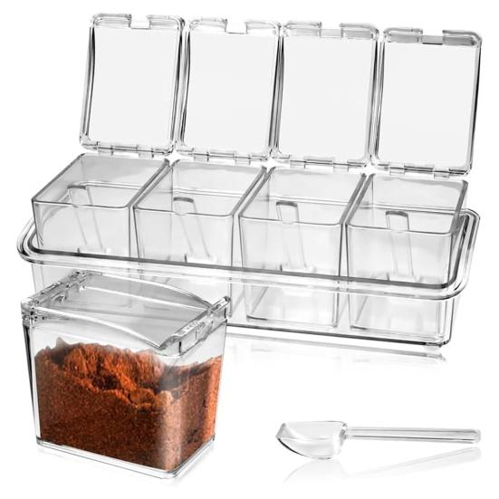 Yousheng Transparent Spice Container Set with Lids And Spoon 4-in-1 Kitchen Organizer for Salt Sugar Pepper Airtight Pantry Storage