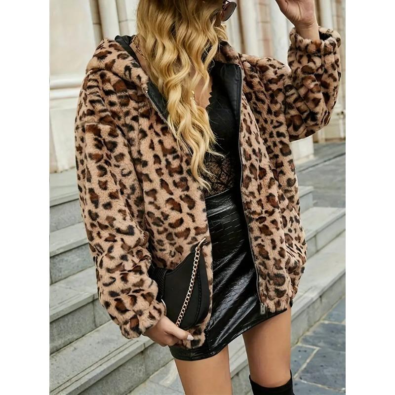 JKASHDK Women's Fashion Casual Leopard Print Autumn Winter Long Sleeve Hooded Jackets & Coats