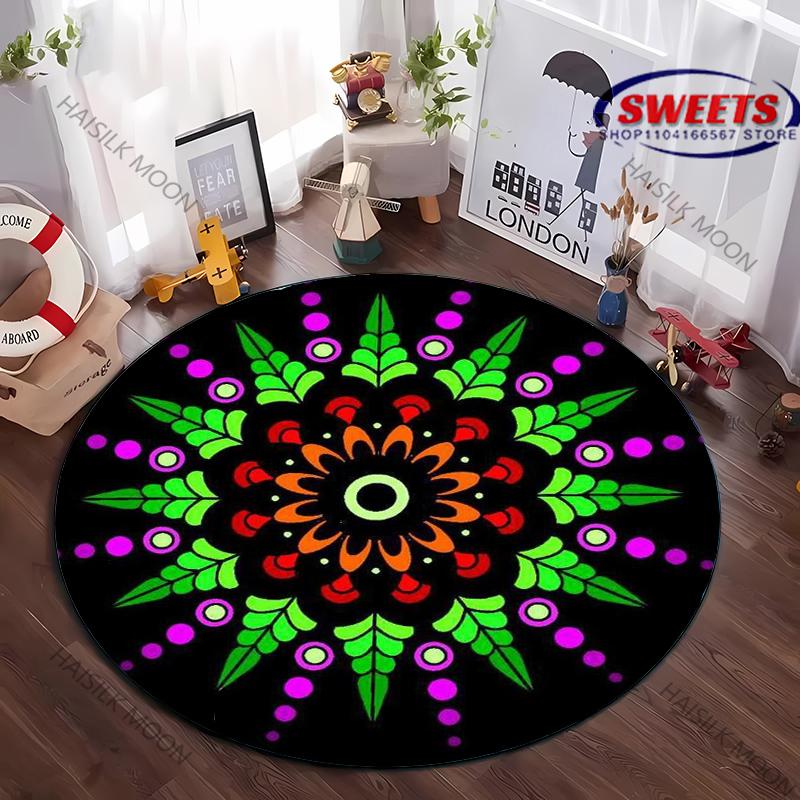 Mysterious Mandala Flower Print Round Carpet for Kid's Living Room Picnic, Anti-Slip Rug, Yoga Rug Doormat Floor All Seasons Mat
