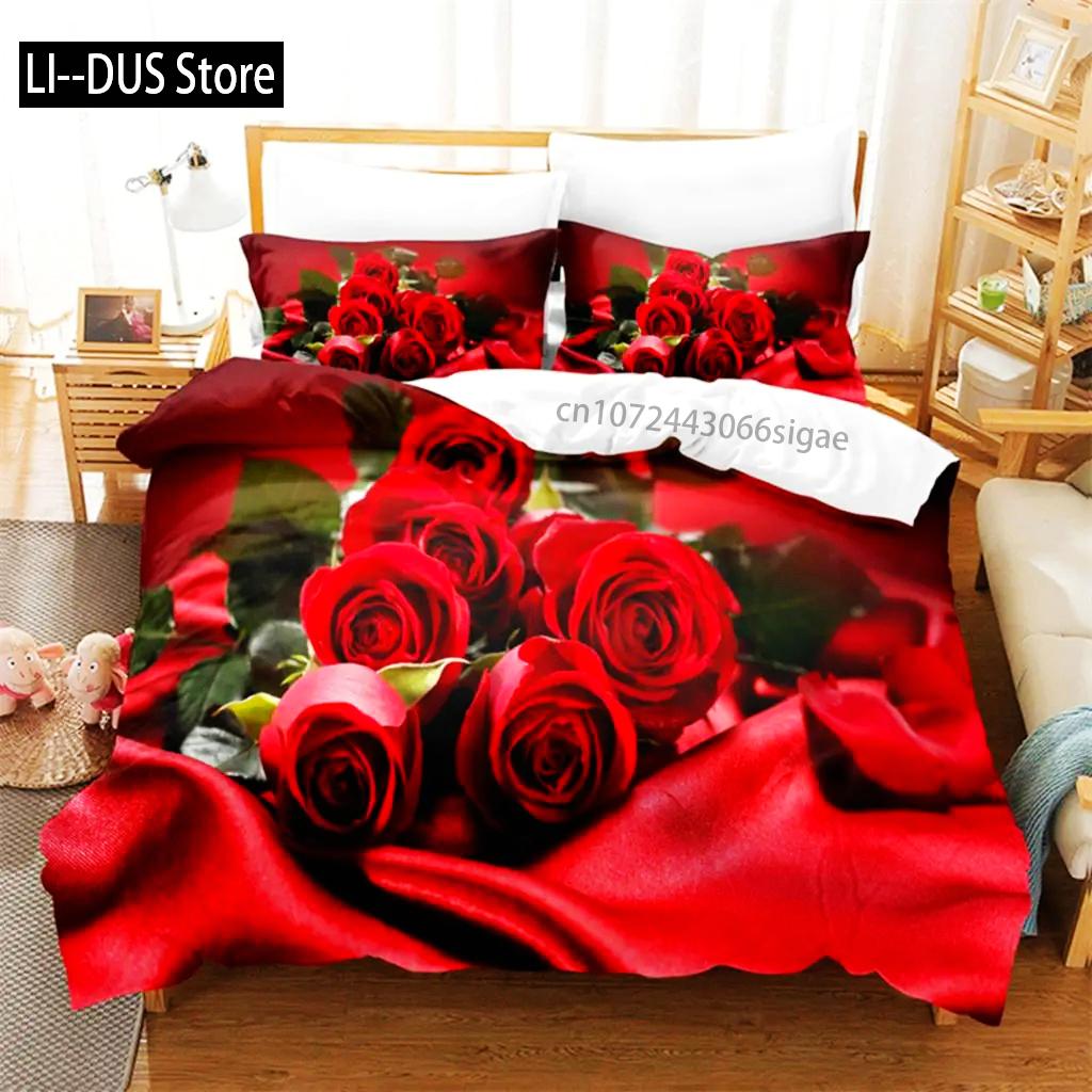 Red Flower Duvet Covers Set Full Size Rose Quilt Cover 240x220cm 260x240cm Bedding Sets 3pcs 2pcs King Queen Single Double Bed