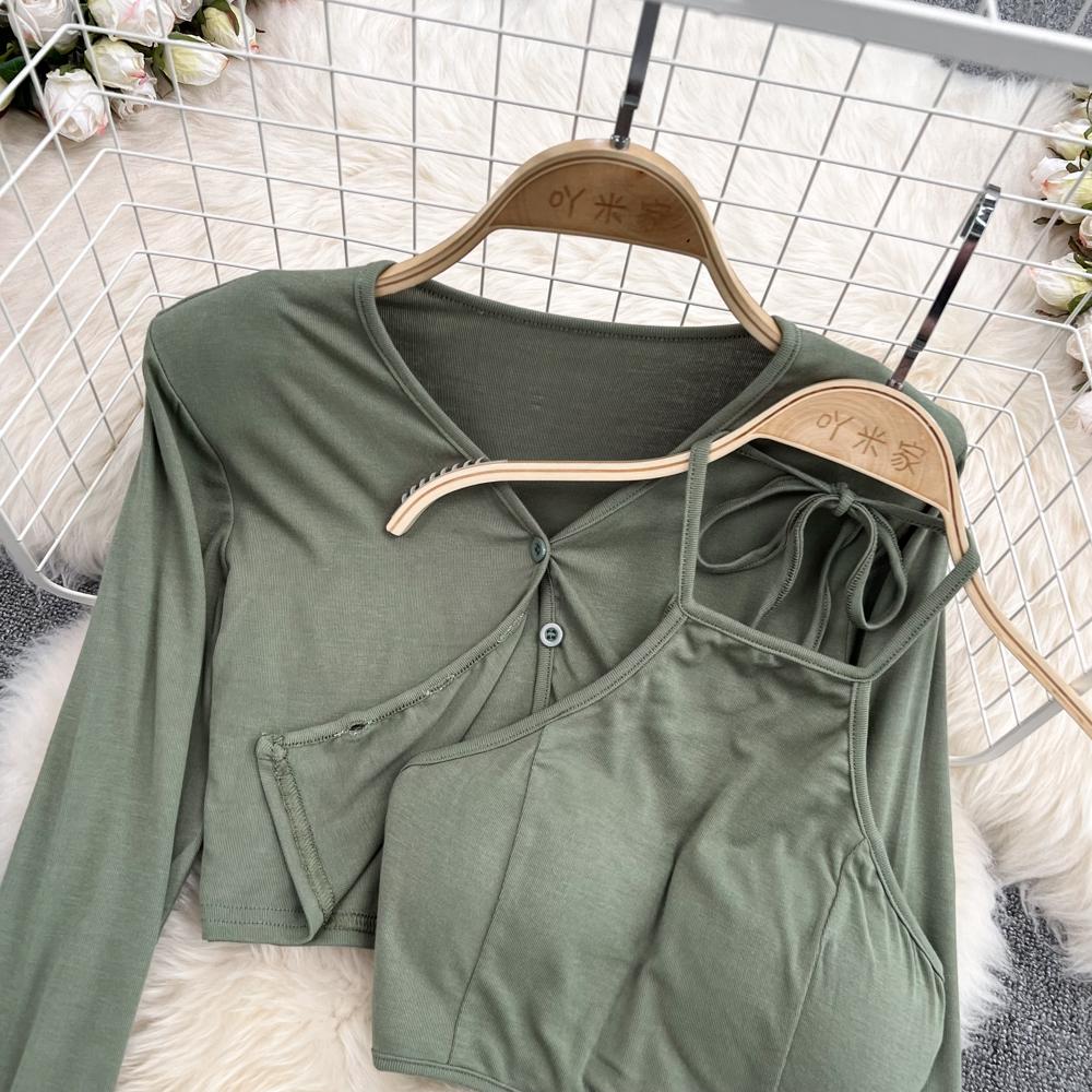Fashion Suit Female Halter Camisole Three-Piece Set V-Neck Shawl Coat High Waist Split Skirt Autumn
