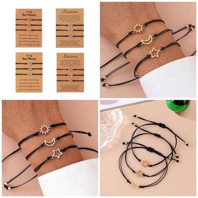 3pcs Adjustable Sun Moon Star Matching Bracelets Handmade Woven Bracelet Friendship Jewelry for Best-Friend Sister