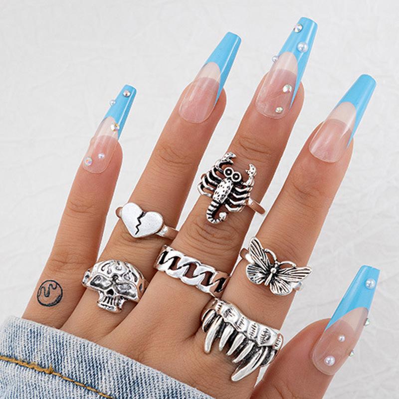 European and American punk dark butterfly skull cut-out face ring multi-piece set personality trend distressed ring set